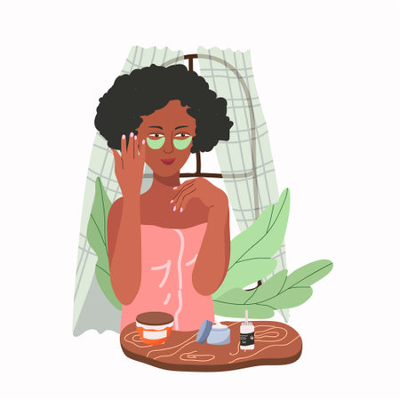 skincare concept. Black woman do cosmetic spa procedures for face, for the skin, with patches. morning routine. organic products. Vector illustration in flat cartoon style.のイラスト素材