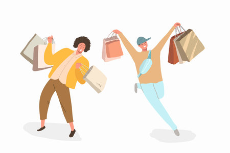 Men carry shopping bags, rejoice. Take part in the seasonal sale in the store, shopping center. cartoon characters isolated on white background. Flat vector illustration.のイラスト素材
