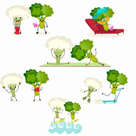 Vector illustration set of funny cartoon character broccoli and cauliflower ride transport, play musical instruments, go in for sports, healthy food, cuisine, ingredients, kids t-shirt design.のイラスト素材