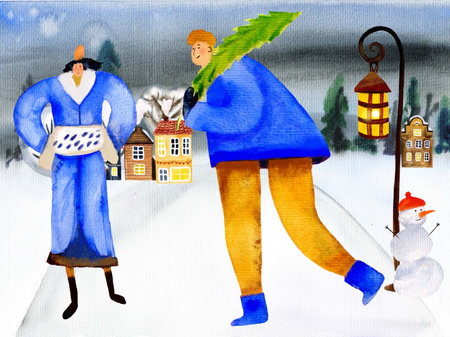 Watercolor illustration, background, postcard, a man, a guy carries a Christmas tree, people in winter clothes are walking, a woman with a clutch, a lantern, a snowman, Merry Christmas, Happy New Year.の写真素材