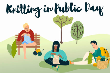 Different people man and woman knits at park sitting on bench or sitting on the ground, grass. World...
