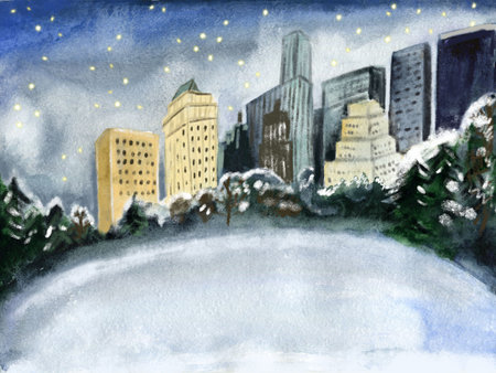 Central Park, New York. Winter night, urban landscape. Merry Christmas, Happy New Year, illustration. Empty ice rink, template, watercolor illustration, watercolor texture, empty ice rink.の写真素材