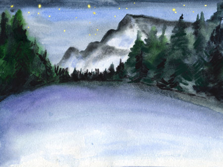 Watercolor landscape night starry sky with trees and mountains in the background, hand drawn illustration, ice rink, Yosemite National Park, watercolor texture, background.の写真素材