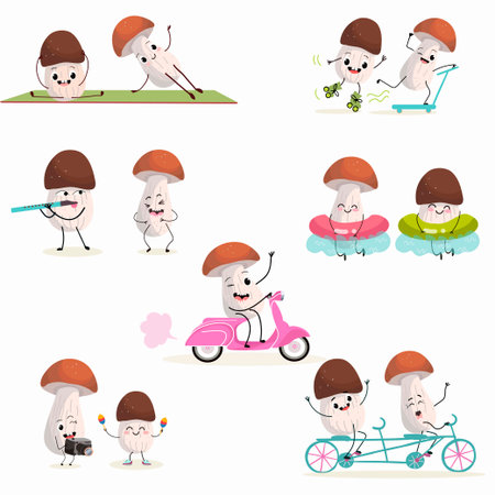 Illustration with funny set of mushrooms, collection of characters doing sports, playing musical instruments, riding. Funny and healthy food. Cute face food, ingredients, vegetarianism, vector cartoonのイラスト素材