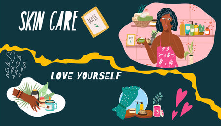 Collage vector illustration of skin care, self love, afro american girl taking care of her face, scented candles, towels, cartoon characters.のイラスト素材
