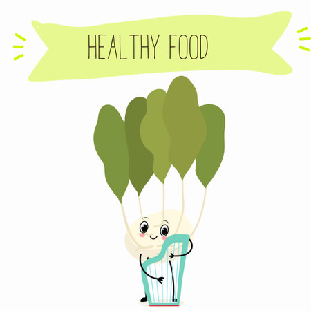 Vector Illustration with funny cartoon characters horseradish, kohlrabi. Funny and healthy food. Vitamins, cute face food, ingredients, vegetarian, vector cartoon, antioxidant.のイラスト素材