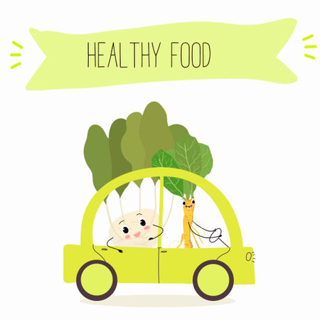 Vector Illustration with funny cartoon characters horseradish, kohlrabi. Funny and healthy food. Vitamins, cute face food, ingredients, vegetarian, vector cartoon, antioxidant.のイラスト素材