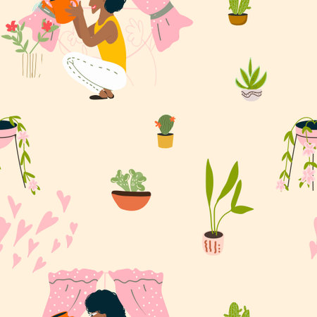 Seamless pattern, wrapping paper, digital paper on the theme of flower care, floriculture, girl, african american woman watering flowers at home, vector illustration of cartoon characters.のイラスト素材