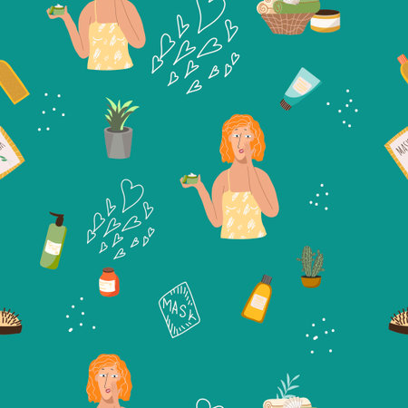 Seamless pattern, digital paper, wrapping paper on hobby theme, of skin care, self love, girl taking care of her face, scented candles, towels, cartoon characters.のイラスト素材