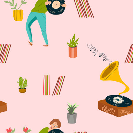 Seamless pattern, digital paper, wrapping paper on hobby theme, free time, listening to vinyl records, gramophone, cartoon characters vector illustration, music, music lover.のイラスト素材