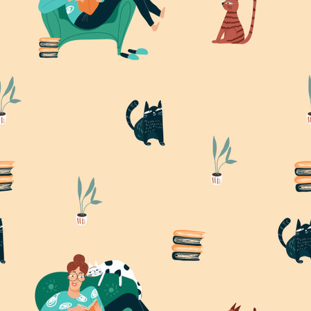 Seamless pattern, digital paper, wrapping paper on the theme of hobbies, free time, girl character, woman sitting in a chair with a cat and reading a book, relaxation, pets, vector illustration.のイラスト素材