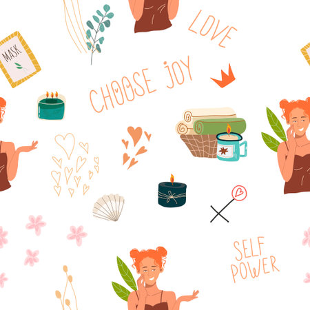 Seamless pattern, digital paper, wrapping paper on the theme of personal care: girl, heart, mask, candle, flower. Flat cartoon vector illustration, hand drawn style. The concept of self-love, health.のイラスト素材