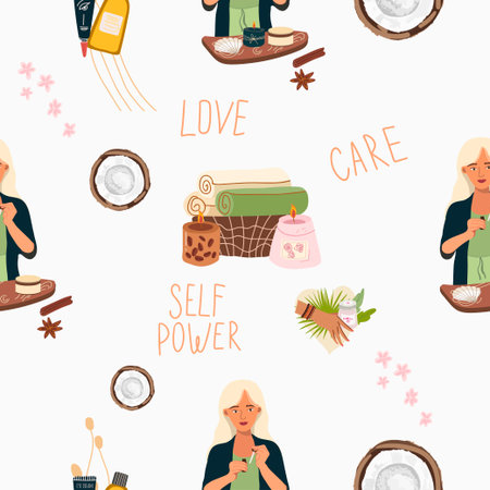 Seamless pattern, digital paper, wrapping paper on the theme of personal care: girl, heart, mask, candle, flower. Flat cartoon vector illustration, hand drawn style. The concept of self-love, health.のイラスト素材