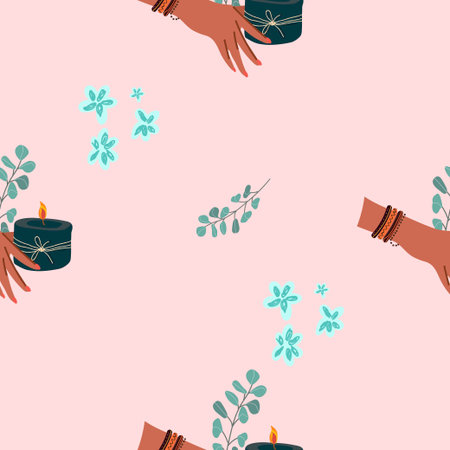 Seamless pattern, digital paper, candle theme wrapping paper, aromatherapy, hobby, pastime, relaxation, self love, self care. Flat cartoon vector illustration, hand drawn style.のイラスト素材
