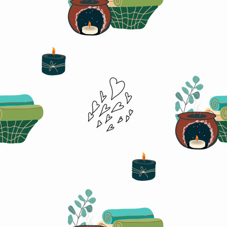Seamless pattern, digital paper, candle theme wrapping paper, aromatherapy, hobby, pastime, relaxation, self love, self care. Flat cartoon vector illustration, hand drawn style.のイラスト素材