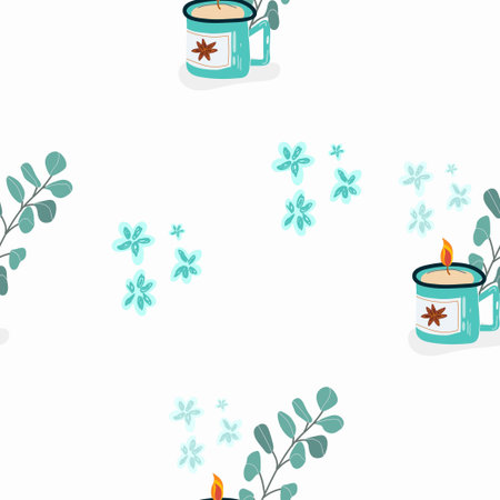 Seamless pattern, digital paper, candle theme wrapping paper, aromatherapy, hobby, pastime, relaxation, self love, self care. Flat cartoon vector illustration, hand drawn style.のイラスト素材