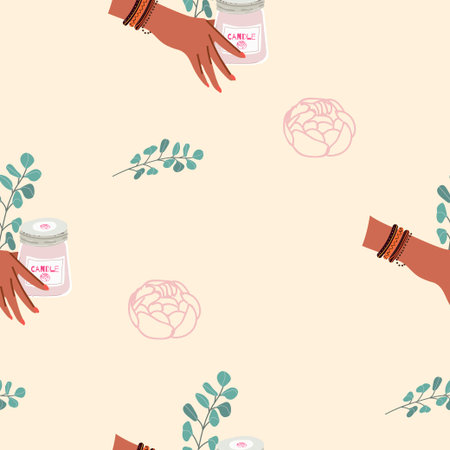 Seamless pattern, digital paper, candle theme wrapping paper, aromatherapy, hobby, pastime, relaxation, self love, self care. Flat cartoon vector illustration, hand drawn style.のイラスト素材