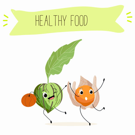 Illustration with funny characters tomatillo, tomato, physalis, uvilla, phisalis, uchuva, phisalys, ground cherry, Funny and healthy food. Vitamins, cute face food, ingredients, vegetarian, vector cartoon, antioxidant.のイラスト素材