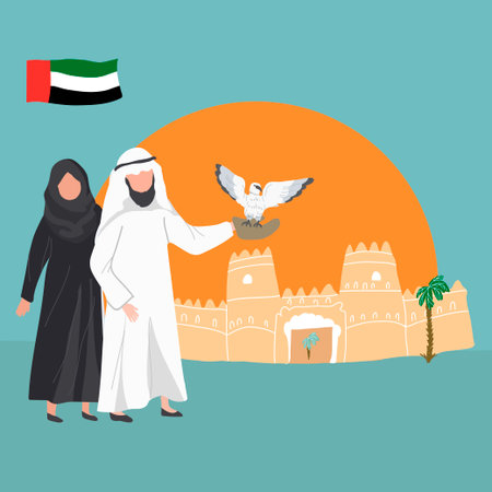 UAE concept cartoon vector illustration with people characters and tourist attractions and symbols of the United Arab Emirates.のイラスト素材