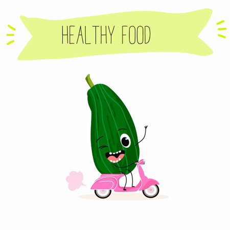 Illustration with funny characters zucchini, squash, courgette, legs, joy, marrow, daikon. Funny and healthy food. Vitamins, cute face food, ingredients, vegetarian, vector cartoon, agriculture, raw.のイラスト素材