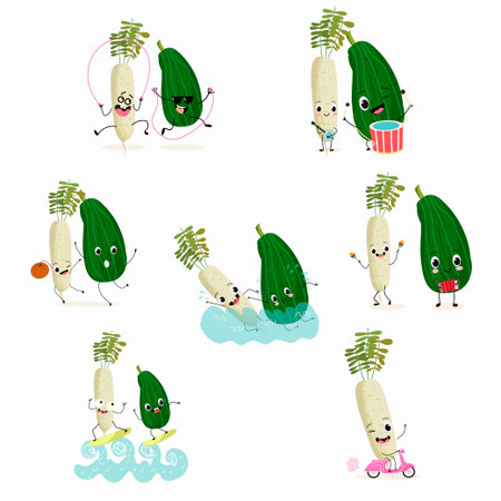 Illustration vector set, collection with funny characters zucchini, squash, courgette, legs, joy, marrow, daikon. Funny and healthy food. Vitamins, cute face food, ingredients, vegetarian, vector cartoon, agriculture, raw.のイラスト素材