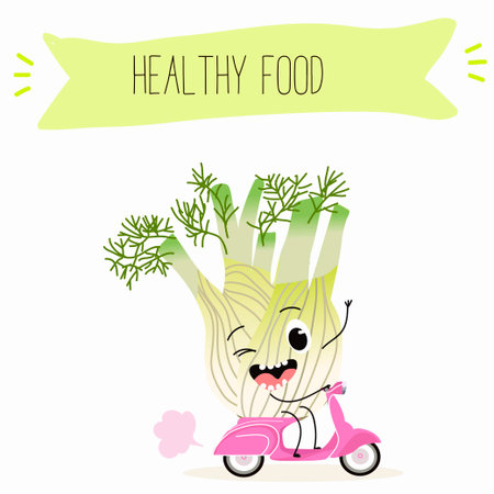 Illustration with funny characters fennel, leek, onion. Funny and healthy food. Vitamins, cute face food, ingredients, vegetarian, vector cartoon, agriculture, greenery.のイラスト素材