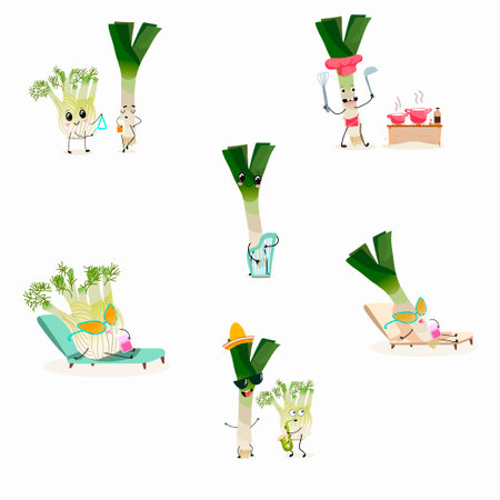 Illustration vector set, collection with funny characters fennel, leek, onion. Funny and healthy food. Vitamins, cute face food, ingredients, vegetarian, vector cartoon, agriculture, raw.のイラスト素材