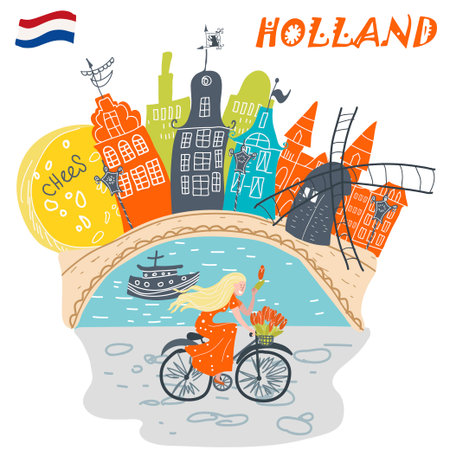 Conceptual vector illustration with symbols Holland, Netherlands, Amsterdam, landmarks, travel, tourism.のイラスト素材