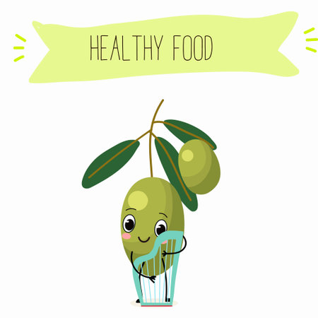 Illustration with funny characters olives. Funny and healthy food. Vitamins, cute face food, ingredients, vegetarian, vector cartoon, agriculture, raw.のイラスト素材