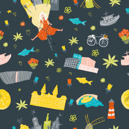 Holland, Netherlands, Amsterdam map, hand drawn vector cartoon, seamless pattern, wrapping paper, for travel guide, poster, travel booklet, fashion design.のイラスト素材