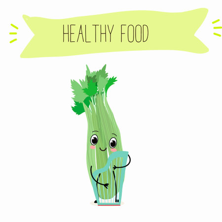 Illustration with funny characters celery with green leaves, stalks, parsley, garnish greenery, spice, Funny and healthy food. Vitamins, salad, cute face food, ingredients, vegetarian, vector cartoon, agriculture, raw.のイラスト素材