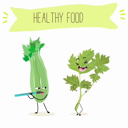 Illustration with funny characters celery with green leaves, stalks, parsley, garnish greenery, spice, Funny and healthy food. Vitamins, salad, cute face food, ingredients, vegetarian, vector cartoon, agriculture, raw.のイラスト素材