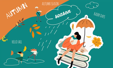 People with umbrellas in the rain. autumn collection. Flat vector illustration. Horizontal banner, collage.のイラスト素材
