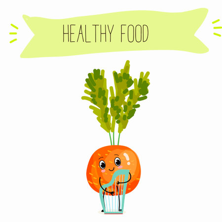 Illustration with funny vegetables characters paris carrot, pectin, beta carotene, vegetarian, daucus carota, dutch carrot. Funny and healthy food. Vitamins, salad, cute face food, ingredients.のイラスト素材