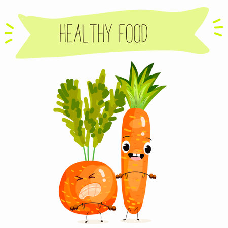 Illustration with funny vegetables characters paris carrot, pectin, beta carotene, vegetarian, daucus carota, dutch carrot. Funny and healthy food. Vitamins, salad, cute face food, ingredients.のイラスト素材