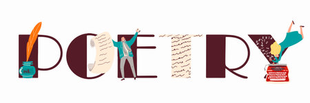 Conceptual Cartoon Vector Illustration with POETRY Text Block for Poetry Day, March 21, World Writers Day, March 3 with a typewriter, pen and inkwell.のイラスト素材