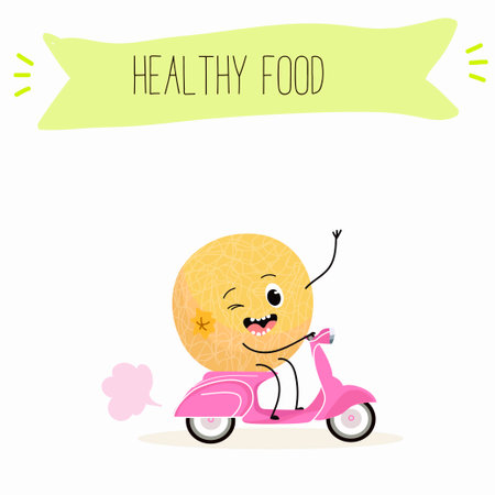 Illustration with funny cartoon characters berry, fruit, cheerful melon. Funny and healthy food. Vitamins, cute face food, ingredients, vegetarian, vector cartoon, agriculture, raw, ripe.のイラスト素材