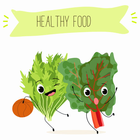 Illustration with funny cartoon characters chard mitsuna, salad, vegetable. Funny and healthy food. Vitamins, cute face food, ingredients, vegetarian, vector cartoon.のイラスト素材