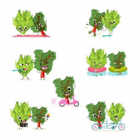 Illustration vector set, collection with funny fresh chard, matsuna, salad, vegetable characters doing sports, playing musical instruments. Vector cartoon, agriculture, raw.のイラスト素材