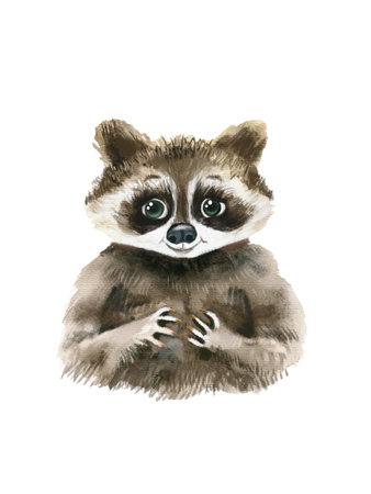 Cute little racoon, watercolor painted sketch, hand drawn kids illustration, good for baby clothes print, children greeting card, funny lovely woodland animal character.の写真素材