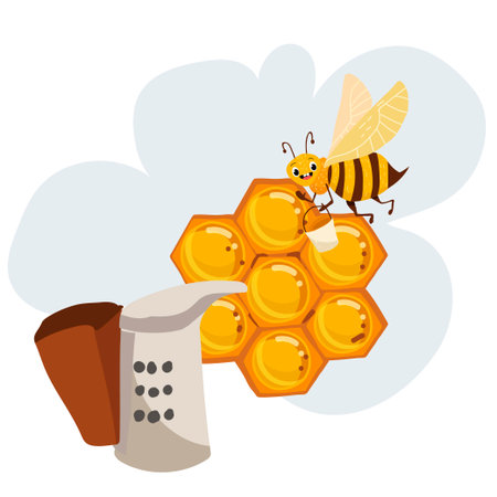 Vector illustration of cartoon character bee character with honeycombs and device for fumigating beehives, smoker.のイラスト素材