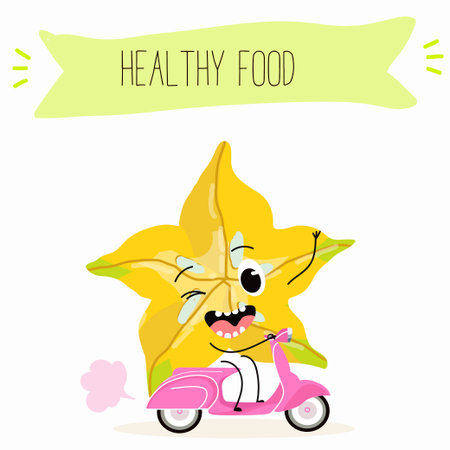 Vector cartoon character carambola, carom, funny vegetable, fruit. Farm fresh harvest, agriculture organic veggie or vegetarian food ripe product.のイラスト素材