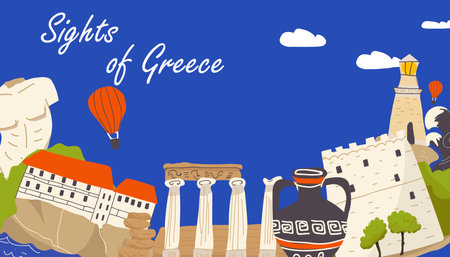 Vector illustration, horizontal banner, of hand-drawn landmarks, landmarks, symbols, sights of Greece in doodle style. Tourism, travel.のイラスト素材