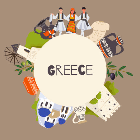 Vector illustration, round frame of hand drawn landmarks, sights and symbols of Greece in doodle style. Tourism, travel.のイラスト素材