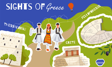 Vector illustration, collage, of hand-drawn landmarks, landmarks, symbols, sights of Greece in doodle style. Tourism, travel.のイラスト素材