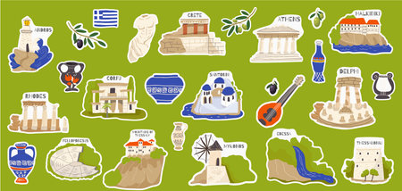 Vector illustration, set of stickers of hand drawn landmarks, attractions, sights, symbols of Greece in doodle style. Tourism, travel.のイラスト素材