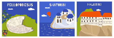 Vector illustration set of hand drawn cards, landmarks, attractions, sighs, symbols of Greece in doodle style. Tourism, travel.のイラスト素材