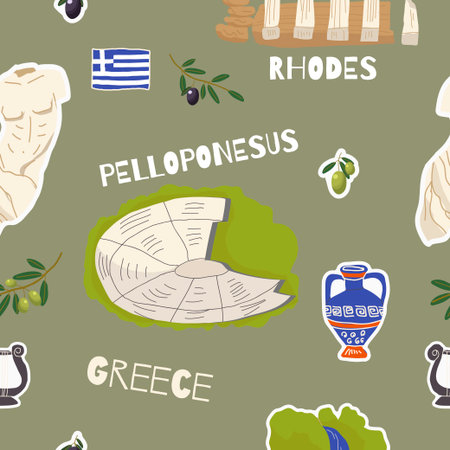Vector illustration seamless pattern of hand drawn landmarks, attractions, sights, and symbols of Greece in doodle style. Tourism, travel.のイラスト素材