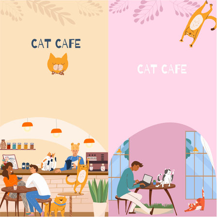 Vertical banner, vector illustration, cartoon cat cafe characters, pet friendly cat, small business graphic, customer and barista. People eat and talk together with a dog and a cat in a cafe.のイラスト素材