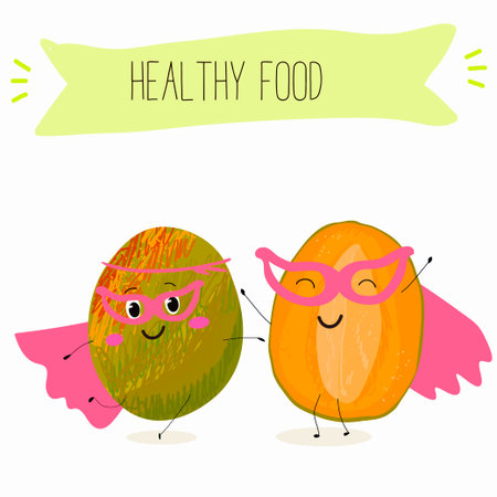 Cute mango cartoon characters with different activities. Flat vector illustration, funny fruits. Organic food.のイラスト素材